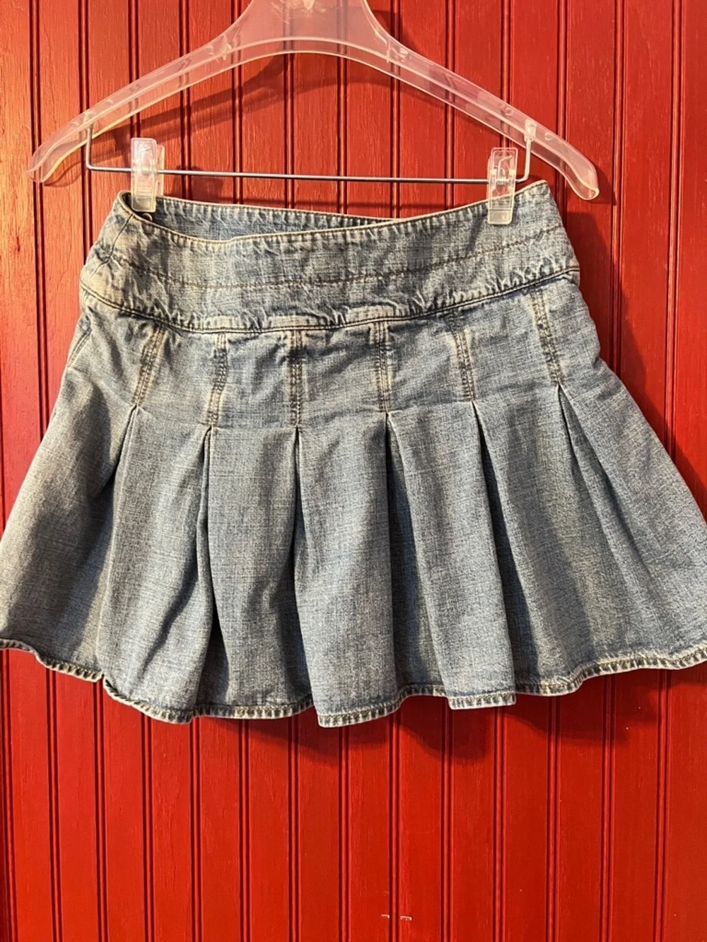 Vintage Ralph Lauren Light Blue Denim Pleated Skater Skirt with Side Buttons 14